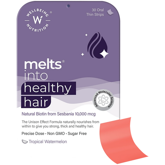 Wellbeing Nutrition Melts into Healthy Hair Biotin 10,000mcg Tropical Watermelon Disintegrating Strip Sugar Free